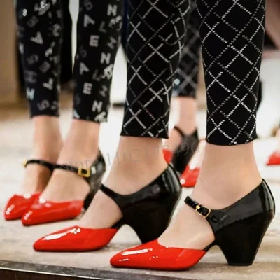 New Women Elegant Red Kitten Low Block Heel Sandals Cover Shallow Ankle Buckle Pump Round Toe Mixed Colors Casual Leather Shoes