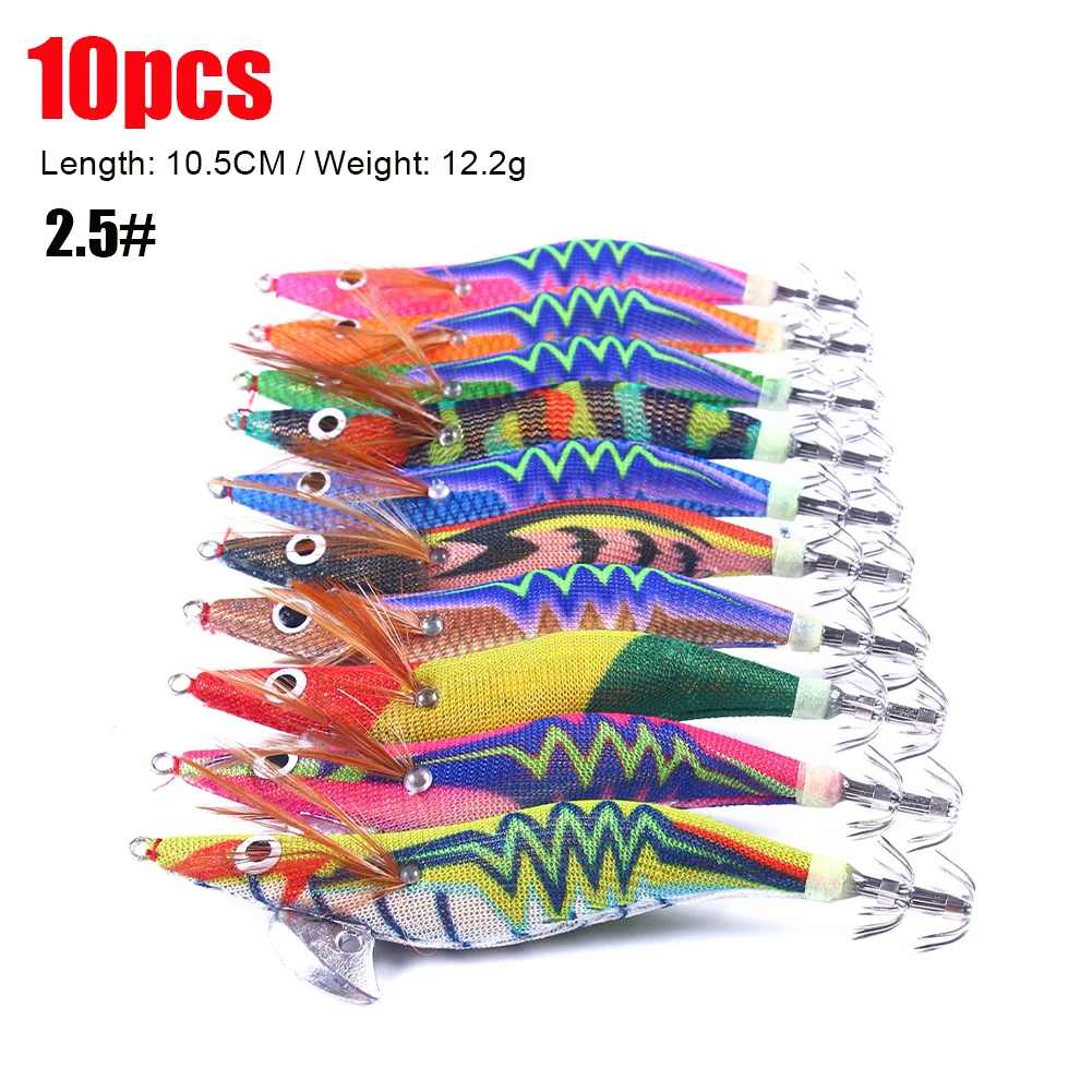 

New 5/10Pcs Squid lure Shrimp Jigs Wood lure Luminous Octopus lures 3D Eyes Cuttlefish Artificial bait jigging fishing lure