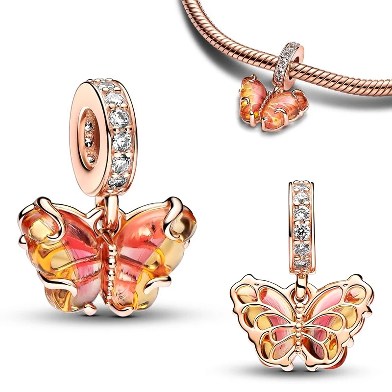 Original Charms 925 Silver Blue & Yellow Glass Butterfly Dangle Charm Fits 3mm Original Bracelet For Women Diy Jewelry Gifts Hot 5