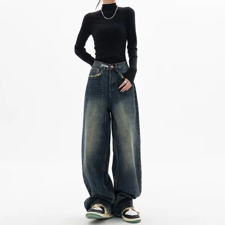 

Autumn and Winter New Fashion Trend Letter Jeans Women's Straight Loose Wide-leg Pants Washed Blue Retro Show Long Legs