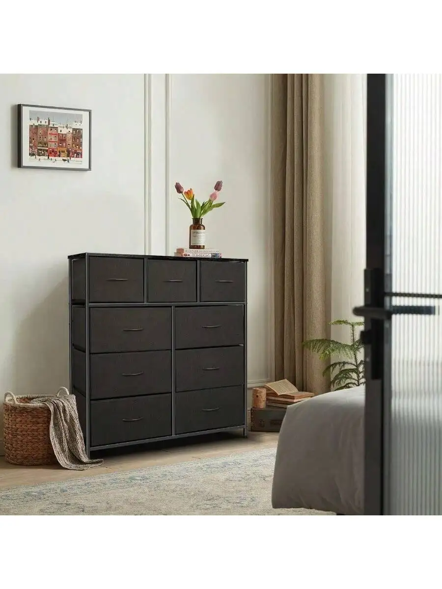Dresser for Bedroom with 9 Drawers Chest of Drawers Storage Drawers Organizer Unit Black Wide Fabric Dresser with Fabric 2