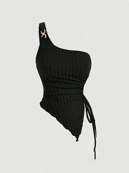 2026 New Women's Asymmetric Sleeveless Strap Vest Pure Color Fashion Drawstring Crossbody Design Single-Piece Summer Top