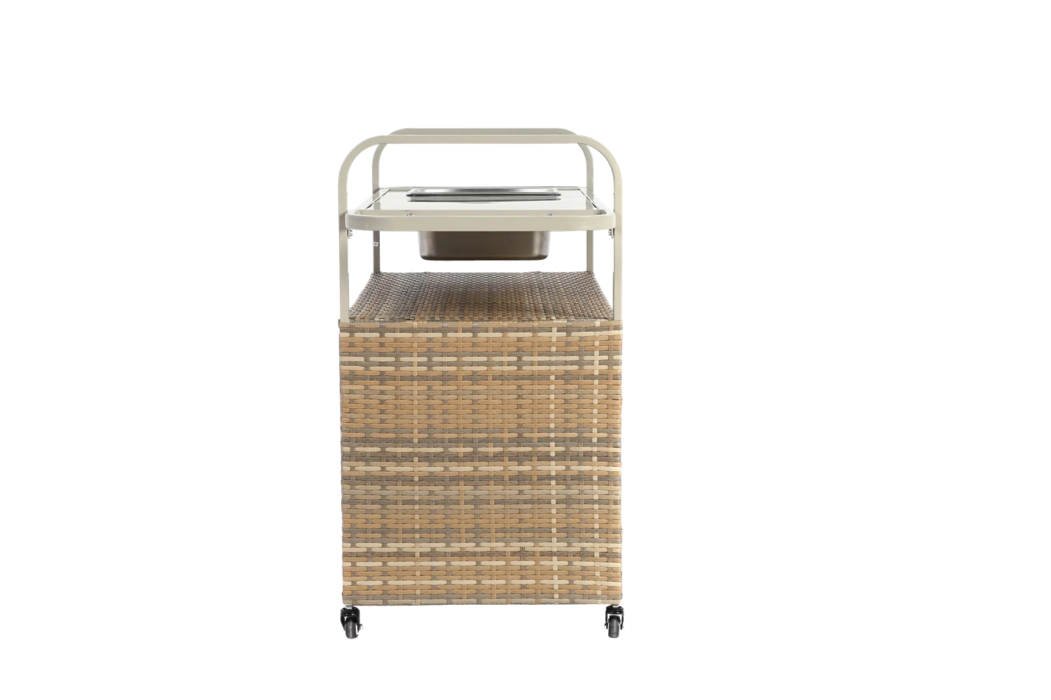Outdoor Bar Table, Wicker Bar Cart with Cabinet, Patio Serving Cart with steel Top, icebucket, Side Basket, Lockable Wheels