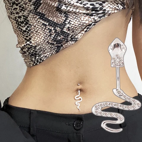 Steel Punk Bar Belly Button Ring Rhinestone Long Snake Tassel Belly Button Ring Women Body Piercing Navel Jewelry