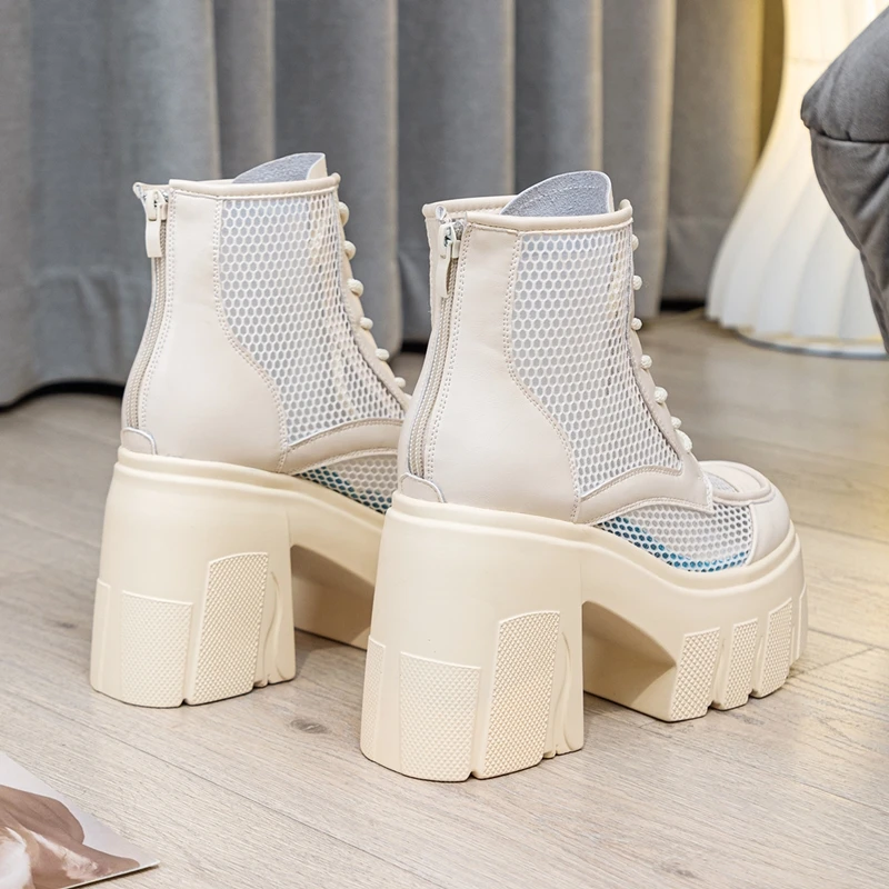 AIYUQI Summer Boots Female Genuine Leather 2024 New Mesh Women Shoes Boots 11cm Height Platform High Heel Cool Boots Women