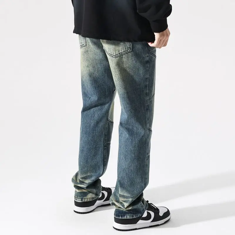 Spring and autumn vintage Distress washed mini flare jeans for men's American high street loose straight leg spring pants