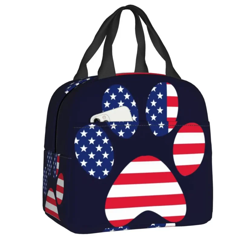 

American Flag USA Patriotic Dog Paw Print Portable Lunch Boxes for Women Waterproof Cooler Thermal Food Insulated Lunch Bag Kids