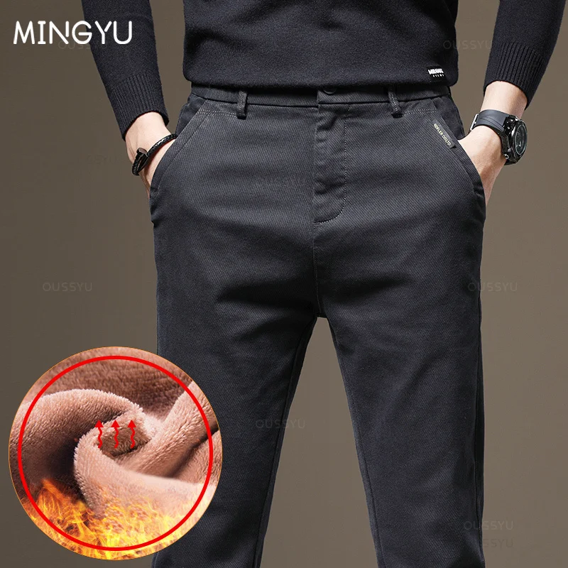 2024 New Winter Fleece Warm Men\'s Casual Pants Cotton Fashion Elastic Waist Twill Work Slim Flocking Thick Cargo Trousers Male
