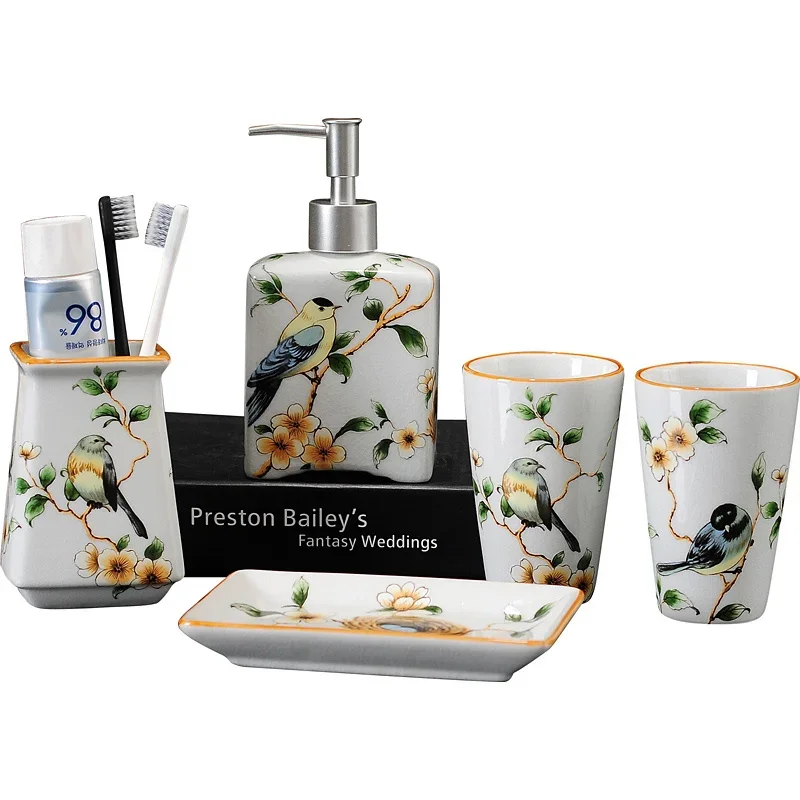 Bathroom Set Ceramic Liquid Soap Dispenser/Dish Toothbrush Holder Gargle Cup 5 Piece Flower & Bird Wedding Gift Birthday Present