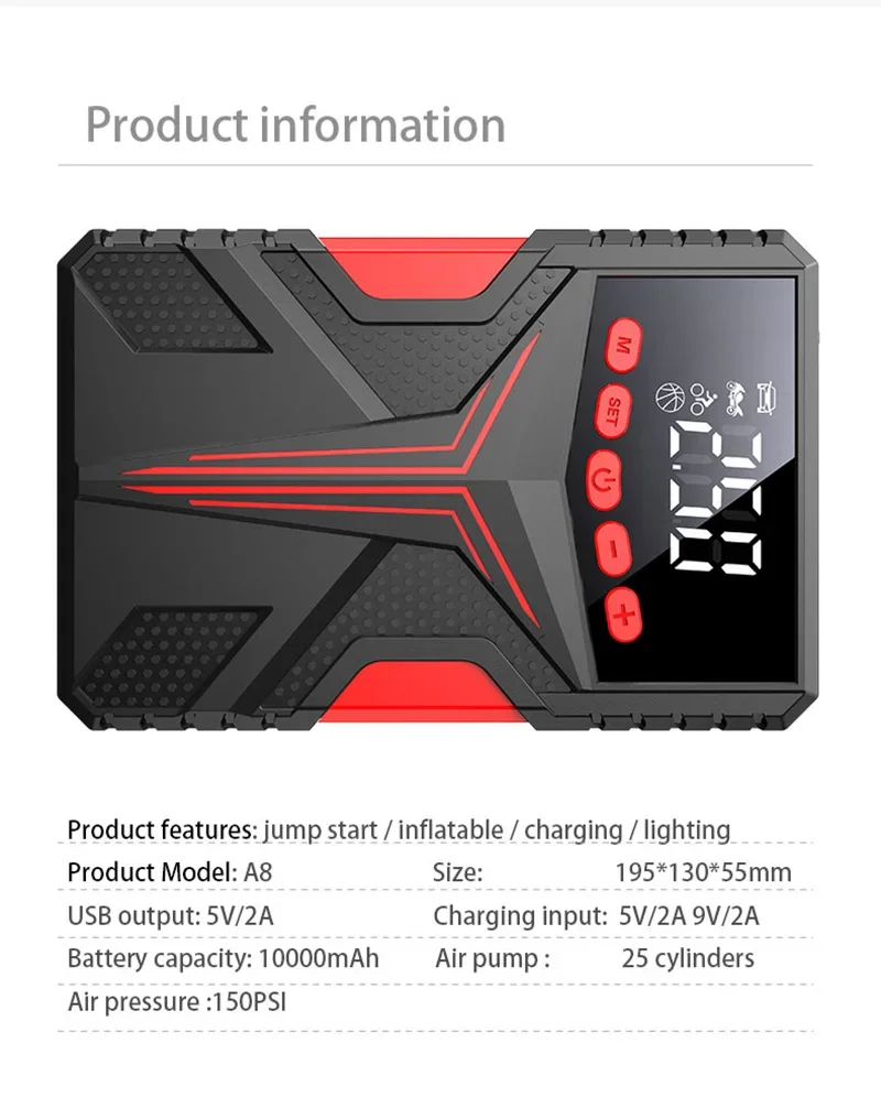 Car Jump Starter Air Pump Power Bank Lighting Portable Air Compressor 4 In 1 Cars Battery Starters Starting Auto Tyre Inflator