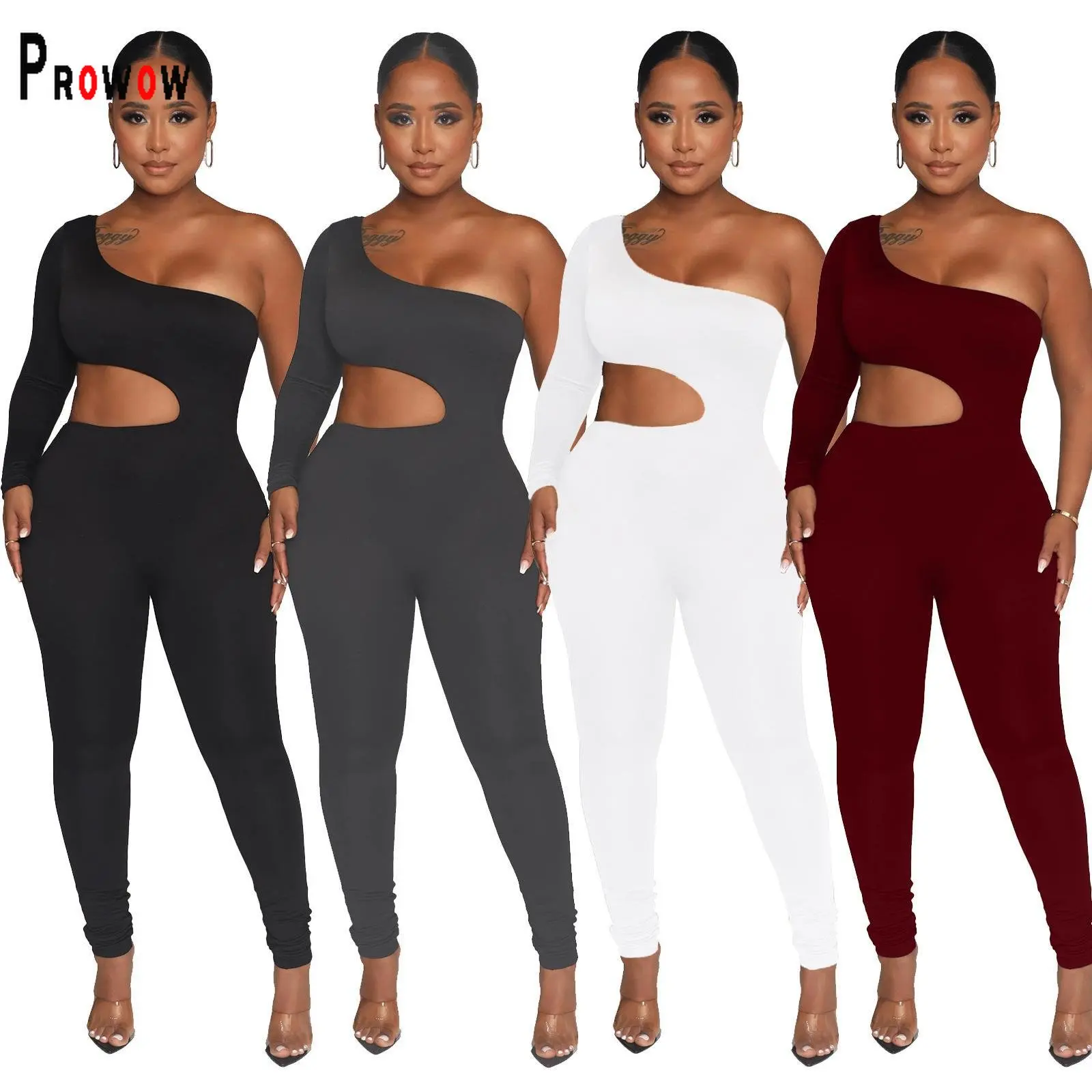 

Prowow Sporty Women Jumpsuits One-shoulder Hollow Summer Fall Joggers Fitness Yoga Outfits Solid Color Bodycon Slim Fit Outfits