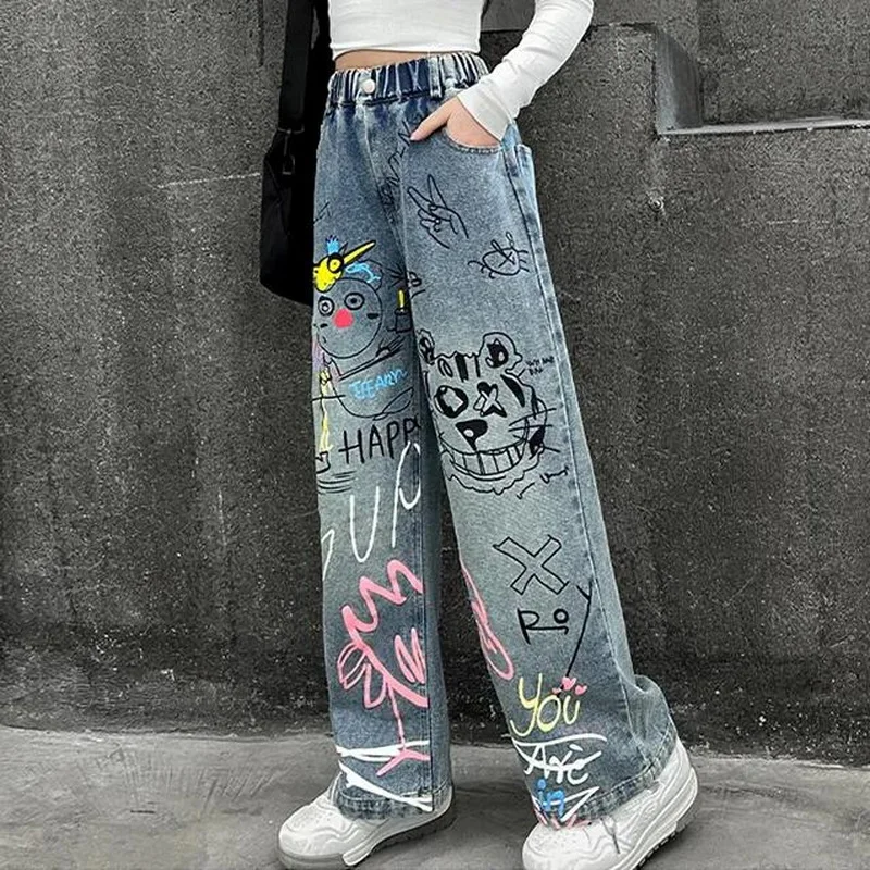 子供のジーンズ女の子のためのファッション落書き染色 2025 春秋の熱い