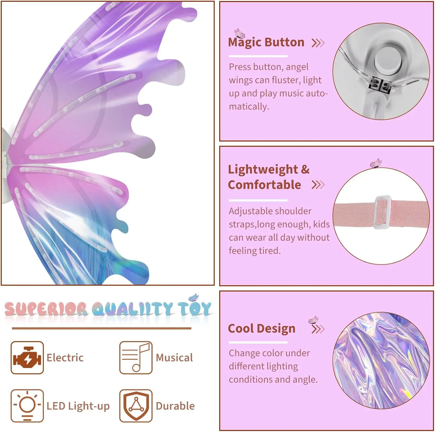 3 個子供ウエディングドレスアップ翼エルフカラフルな翼パーティー衣装小道具 (ファンタジーホワイト) エルフの翼コスチュームアクセサリー - 誕生日パーティーのパフォーマンスに最適な子供用翼