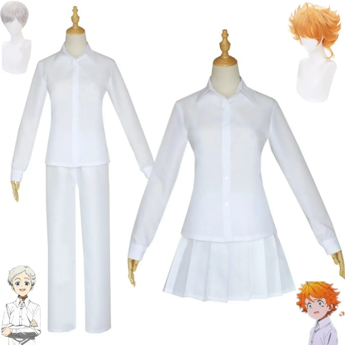 

Anime Promised Neverland Ray Emma Norman Cosplay Costume Wig White JK School Uniform Shirt Adult Man Woman Sexy Carnival Suit