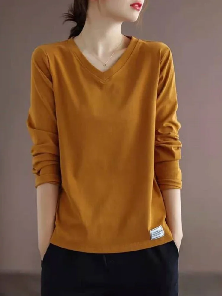 

Осенняя однотонная Свободная Повседневная футболка с длинным рукавом, винтажные топы, женские эстетические шикарные пуловеры с V-образным вырезом, подходящая ко всему женская одежда B179