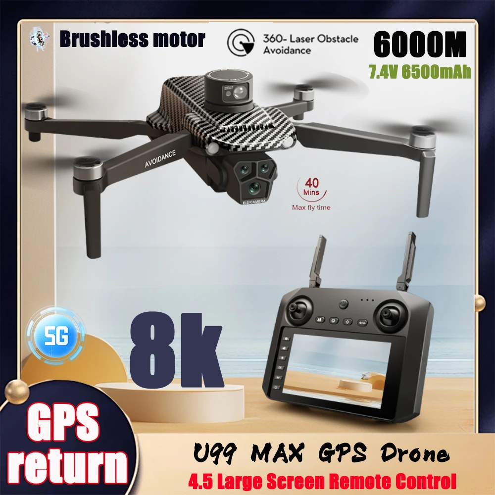 Drone U99/U33 MAX posé sur une surface, montrant ses capteurs infrarouges et son design robuste