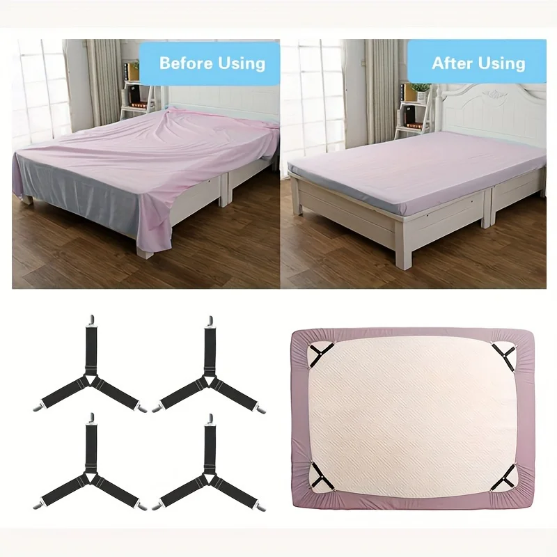 Universal Bedsheet Corner Tightener Clips Invisible Bedspread Secure Holder with Heavy-Duty Mattress Straps Sheets Slot Locks 4