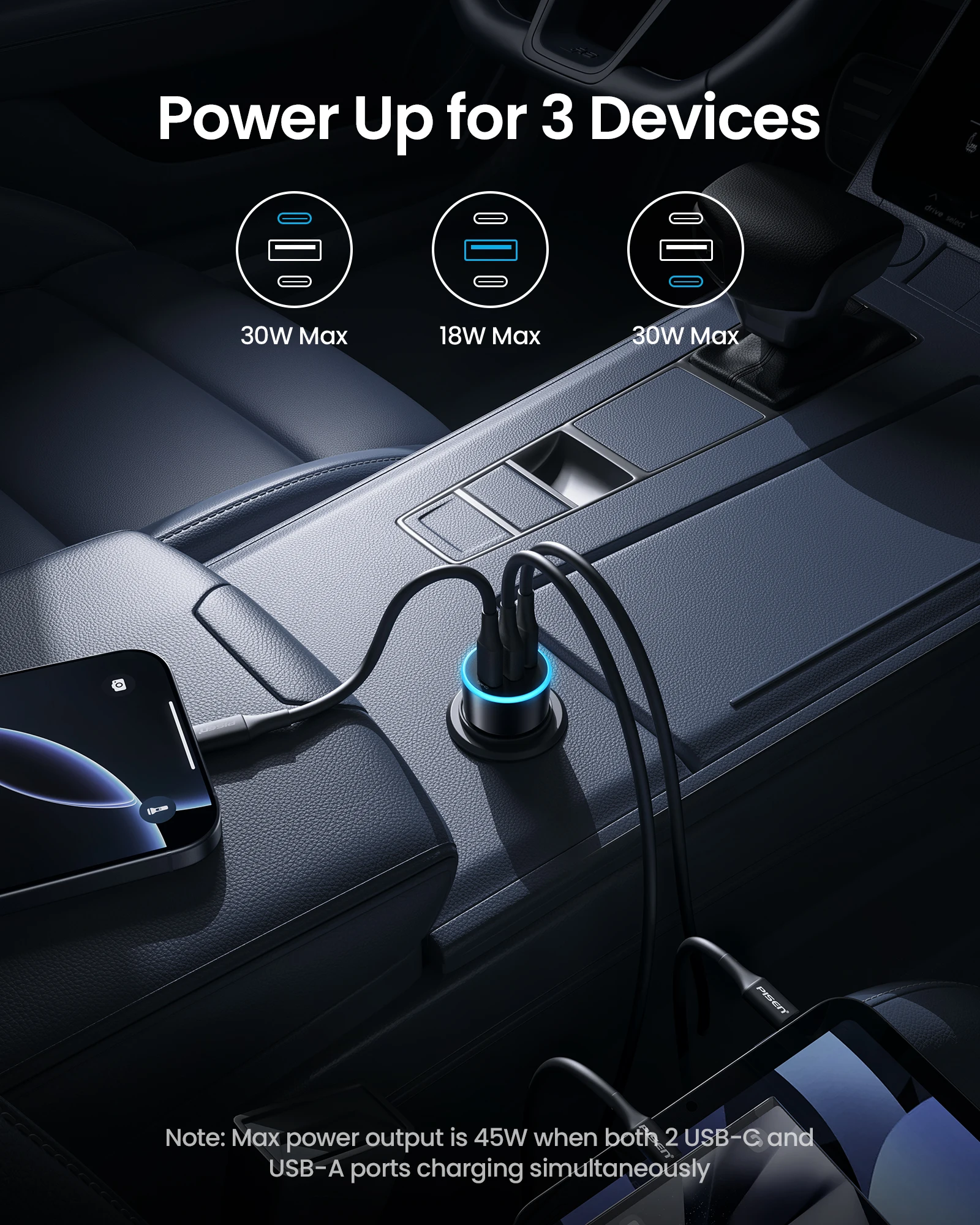 PISEN Car Charger 60W 3-Port USB C Fast Charging