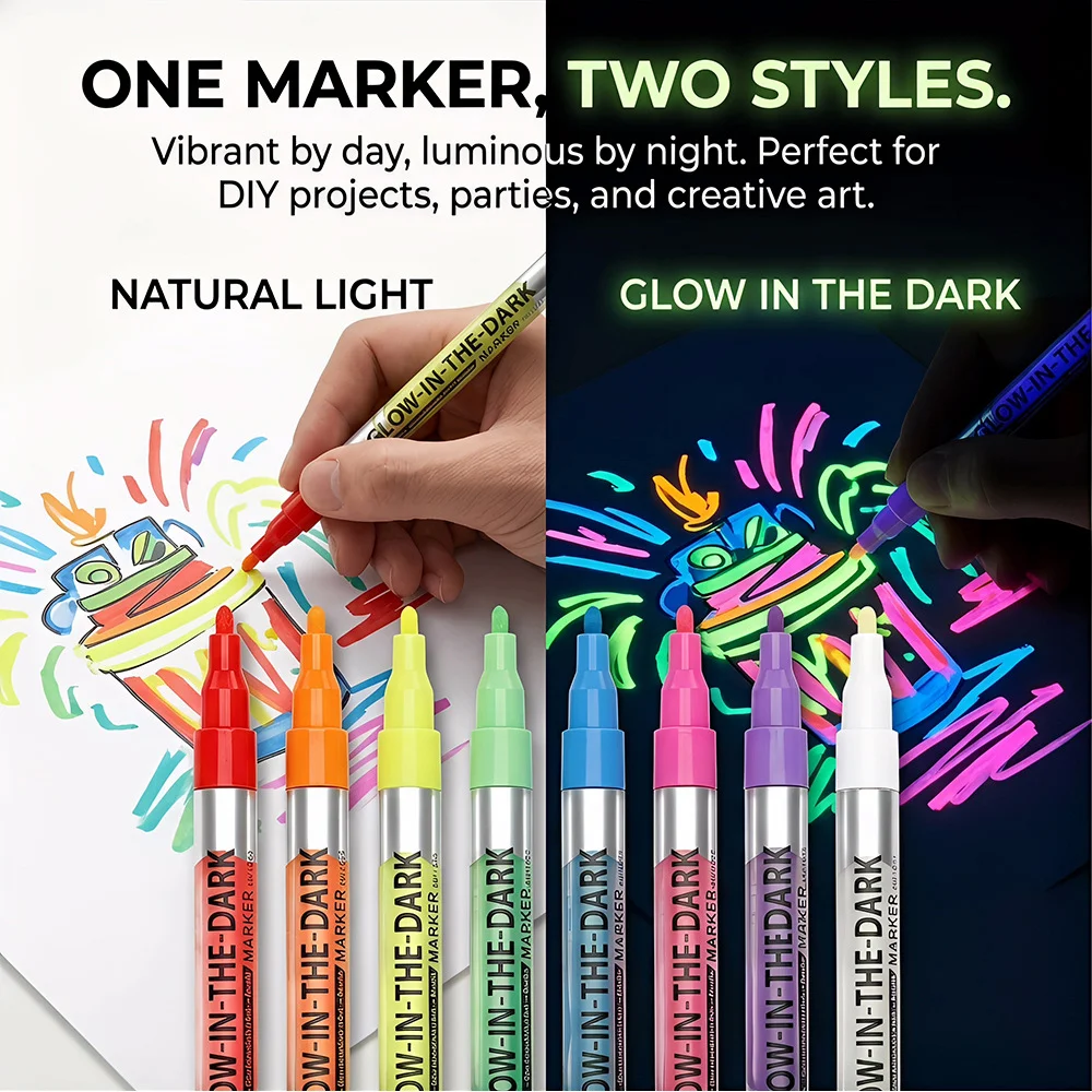 Pennarelli Fluorescenti a 8 Colori, Decorazioni per Feste, Idee Fai-da-Te, Insegne Luminose, Impermeabili e Non Tossici per Viso, Vetro, Pietra - immagine 3