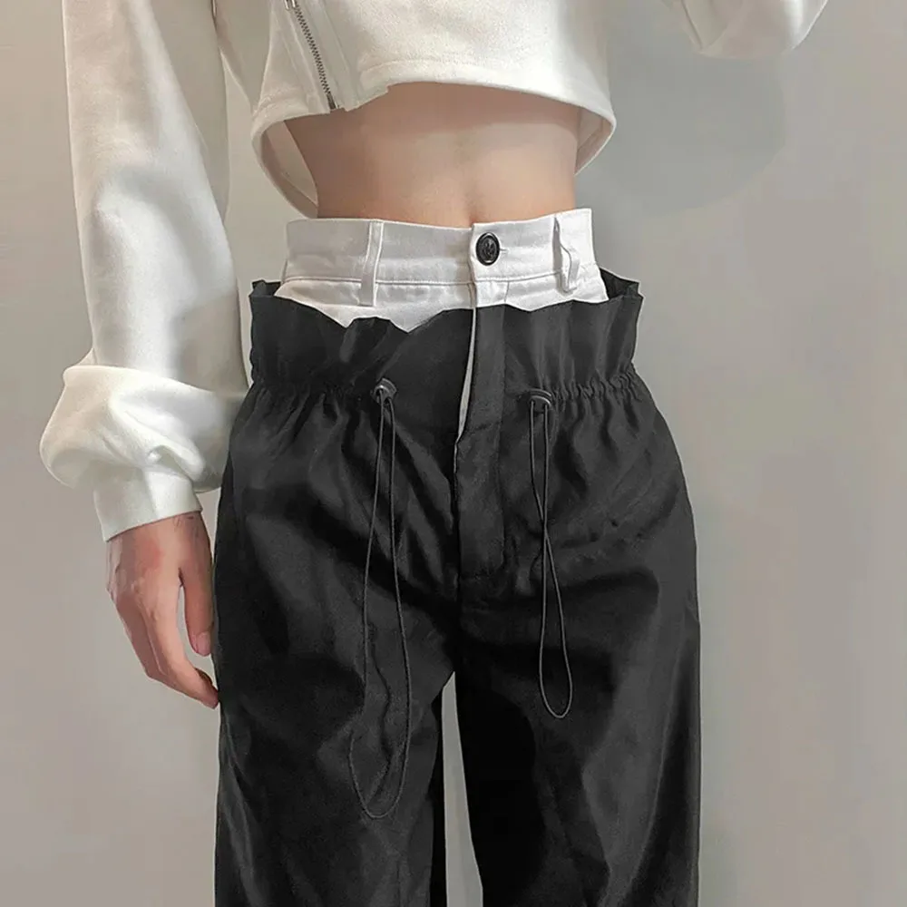 

Autumn Street Tooling Women Pants 2022 Fashion Black White Double Pants Waist Casual Straight Patchwork Baggy Womens Trousers