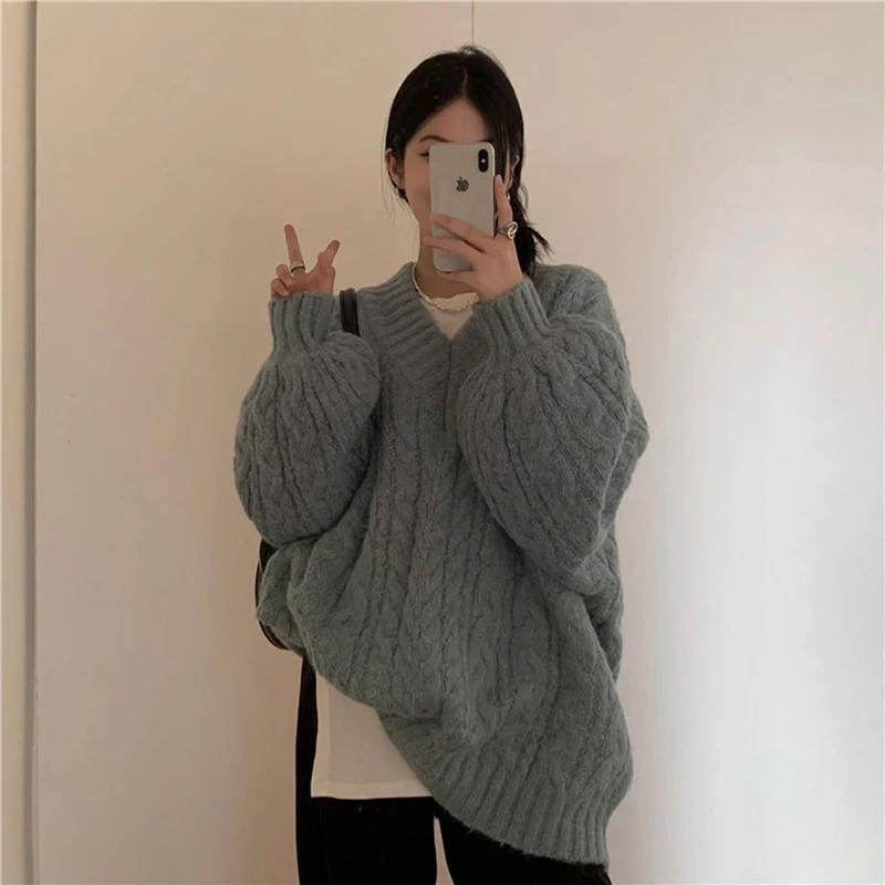 Oversized Sweater Women Fashion Preppy Pink V Neck Knitted Pullovers Harajuku Korean Long Sleeve Knitwear Winter Jumpers