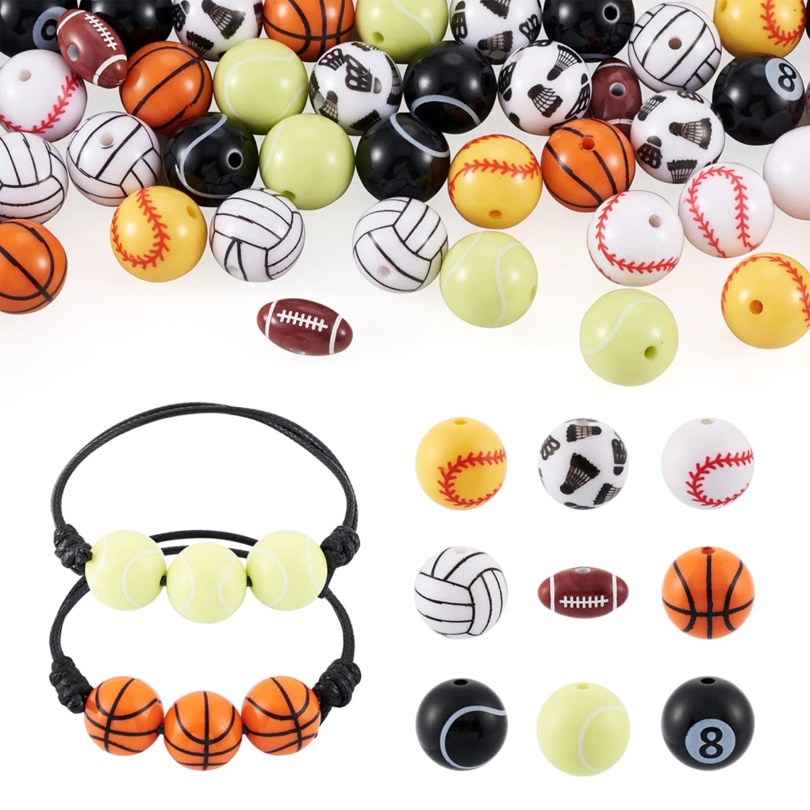 

54Pcs 9 Styles Sport Theme Basketball Rugby Opaque Resin Beads Loose Spacer Balls Beads for Bracelet Necklace DIY Jewelry Making