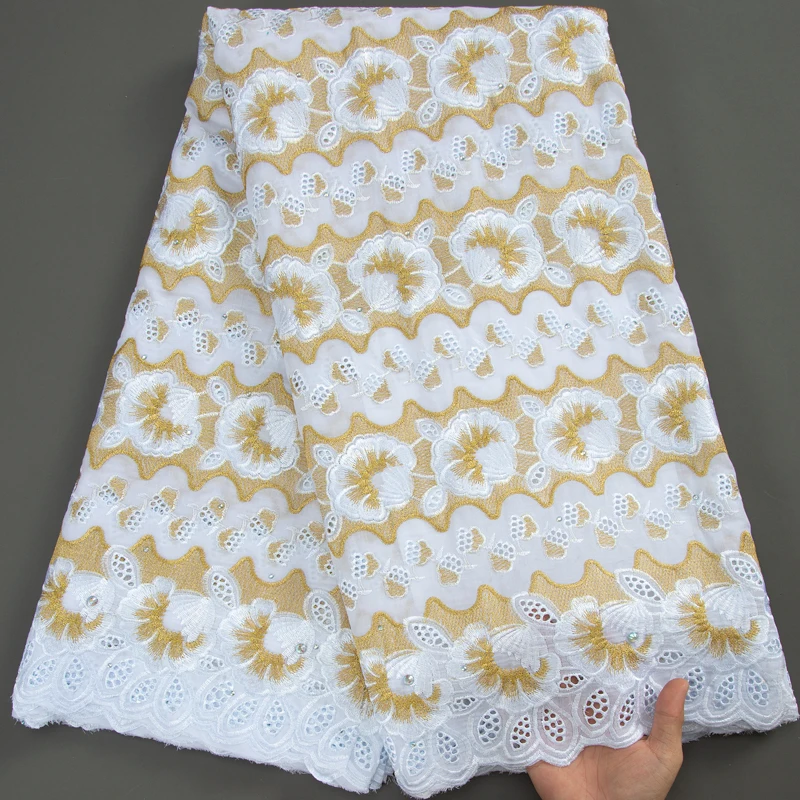 

White+Gold Swiss Voile Lace 2023 High Quality 5Yards African Lace Fabrics For Dress Swiss Cotton Lace In Switzerland Y3167