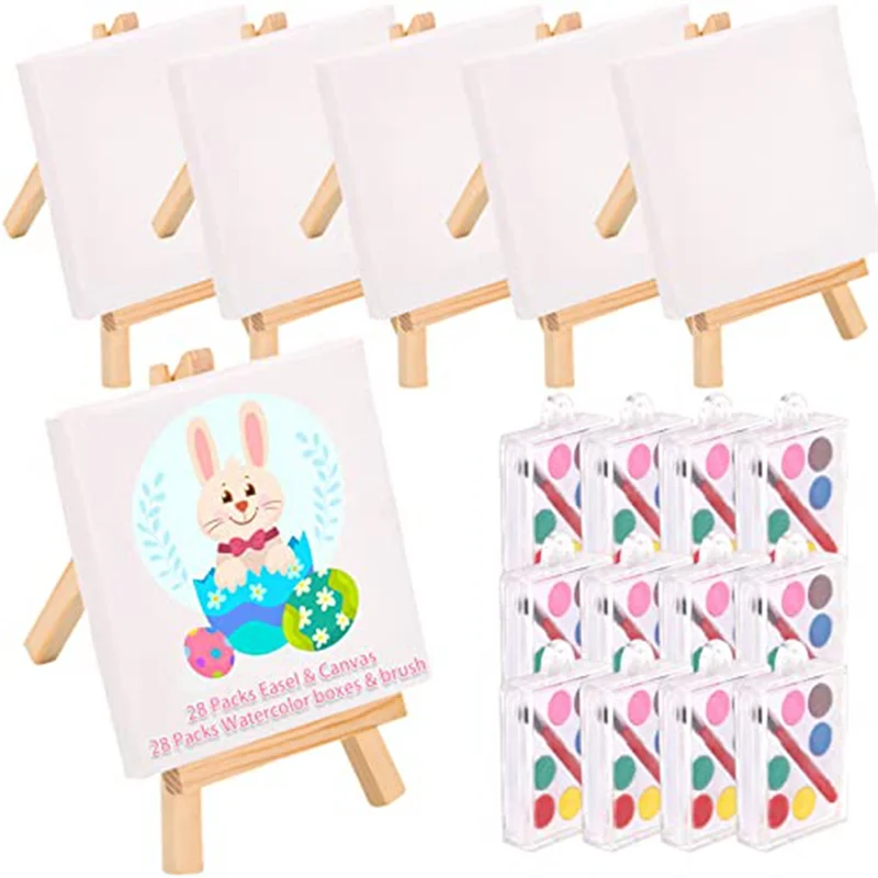 Baby-28 팩 미니 캔버스 및 이젤 세트, 그림용 미니 수채화 물감, 4X4인치 소형 캔버스