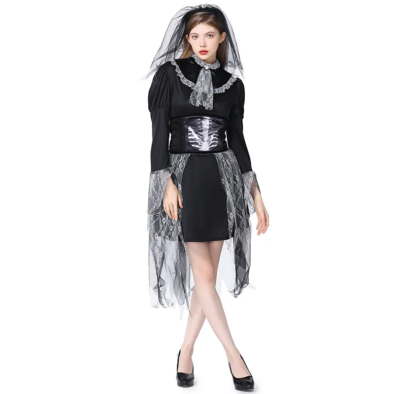 Gothic Woman Black Lace Corpse Bride Cosplay Female Halloween Skeleton Ghost Costume Carnival Purim Parade Role Play Party Dress