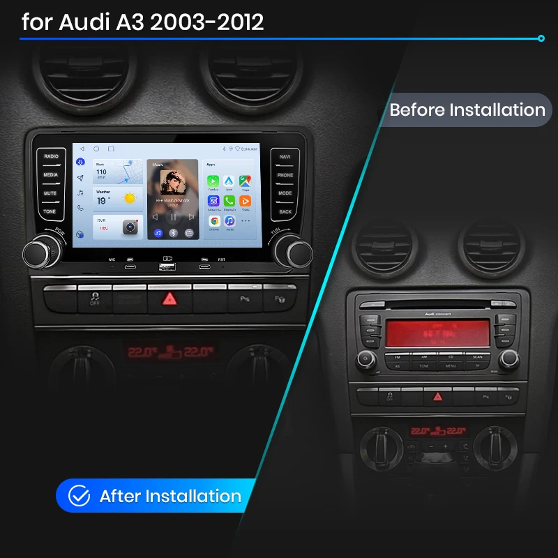 Radio para Auto Junsun de 7 Pulgadas para Audi A3 8P S3 RS3 2003-2012, CarPlay, Android Auto, FM, RDS, DSP, BT, GPS, Navegador, SWC, Pantalla Táctil HD IPS, Reproductor Multimedia Plug & Play, Llamadas Manos Libres, Unidad Principal con Estilo Original del Auto 2