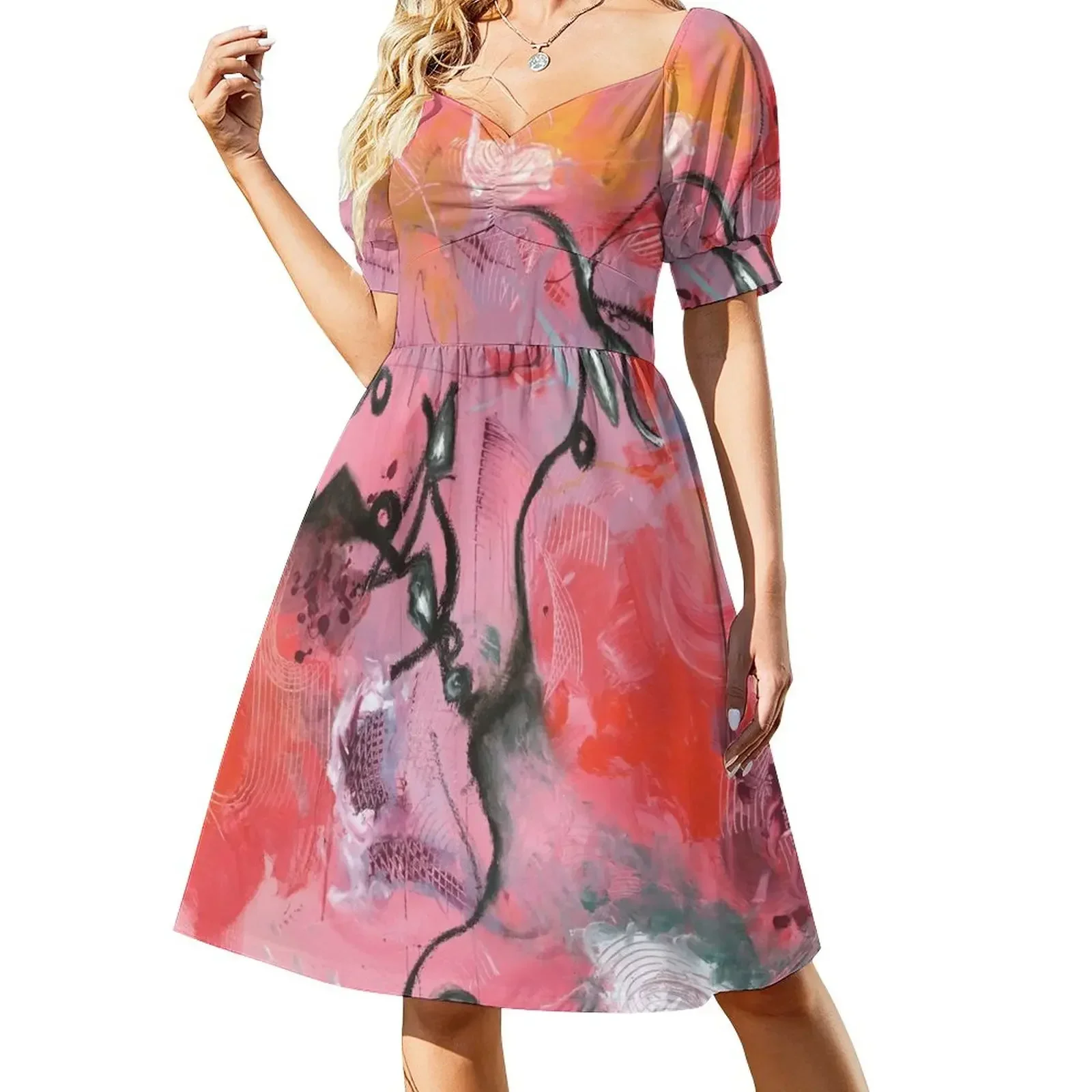 thumbnail image 1 of ¡Tornado rosa! Vestido de manga corta. Vestidos de gala, para graduación, festivales, vestidos de verano para mujer., 1 of 7