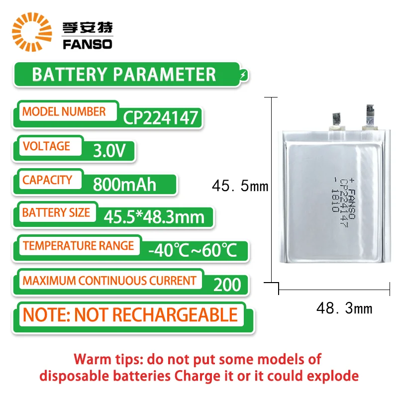 FANSO CP224147 3.0V 800mAHSquare soft pack lithium battery suitable for electronic labels intelligent access card