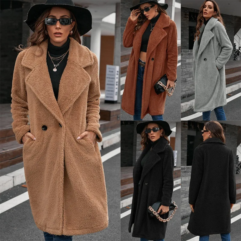 

Single Breasted Medium Plush Windbreaker Coat Loose Lapel Lamb Wool Coat for Women