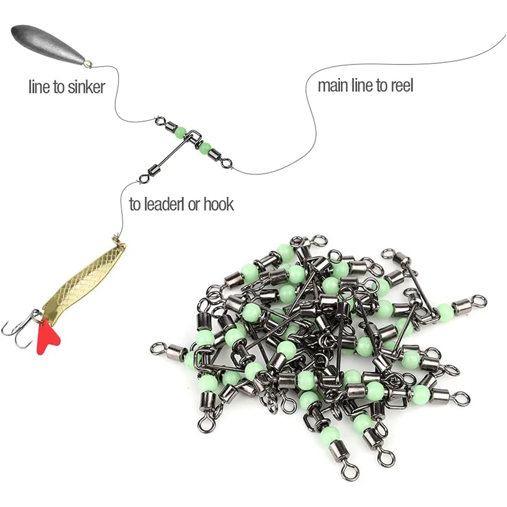 Fishing 3-Way Connector 10Pcs Stainless Steel Bait T-Shape Quick Connector Luminous Anti Entanglement Fishing Gear Accessories