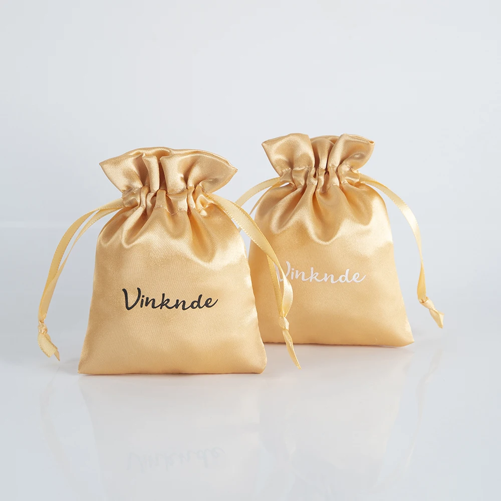 Gold Satin Silk Jewelry Small Drawstring Bag with Ribbon Custom Logo Earring Bracelets Packaging Organizer Pouch Wedding Favors