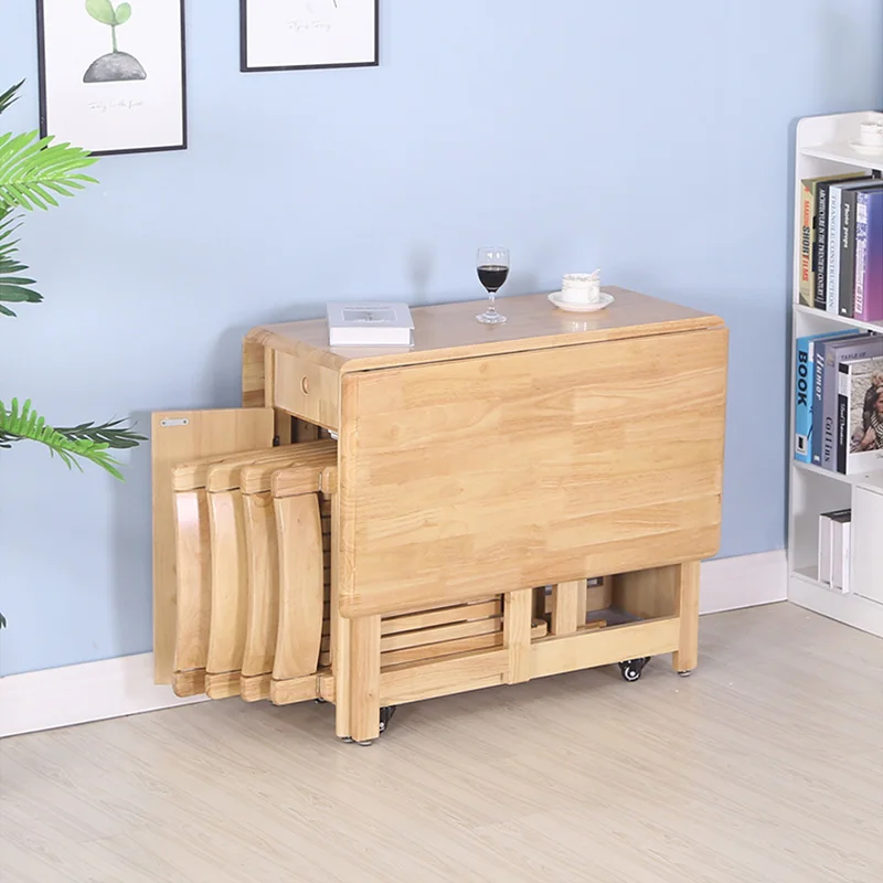 Wood Table And Chair Set Home Mobile Folding Dining Table 4.3ft With Chair Storage Space
