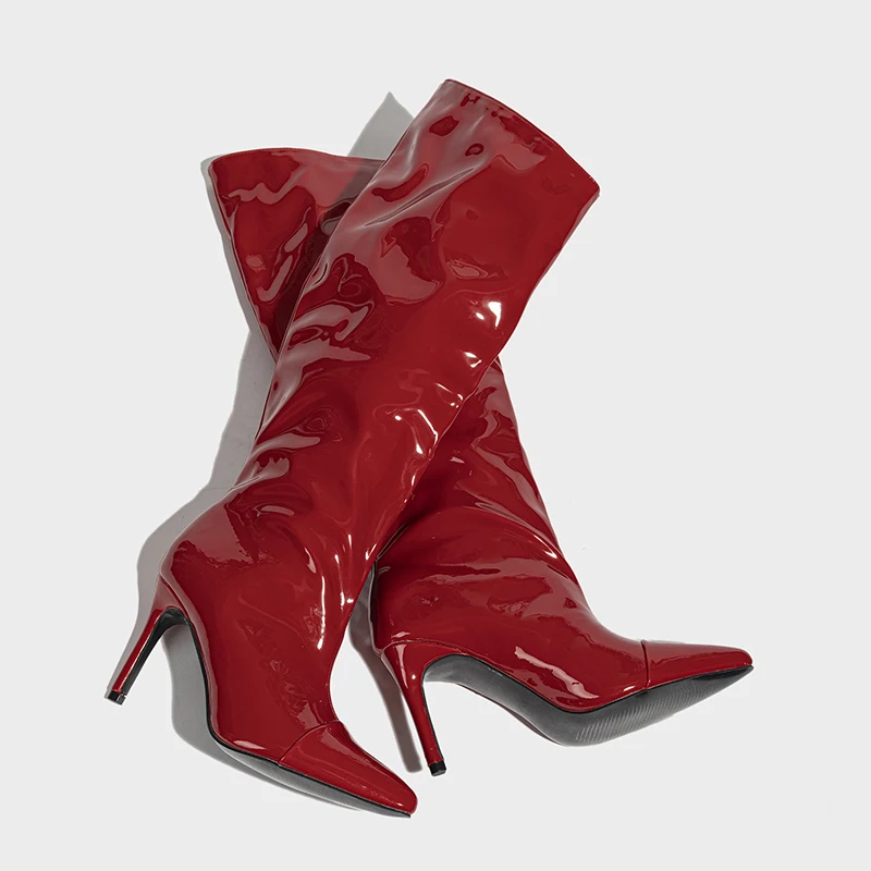 Winter Pointed Patent Leather Pleated Knee High Women's Boots High Heels Slip On Fashion Gladiator Shoes V Mouth Long Tube Boots