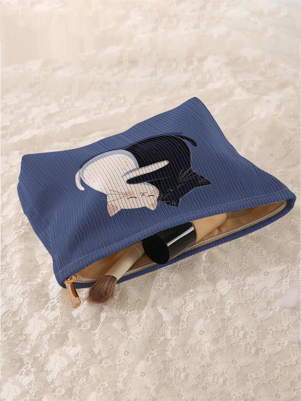 1 cute cat pattern printed corduroy makeup bag, lightweight zipper makeup storage box, multifunctional bag with lining