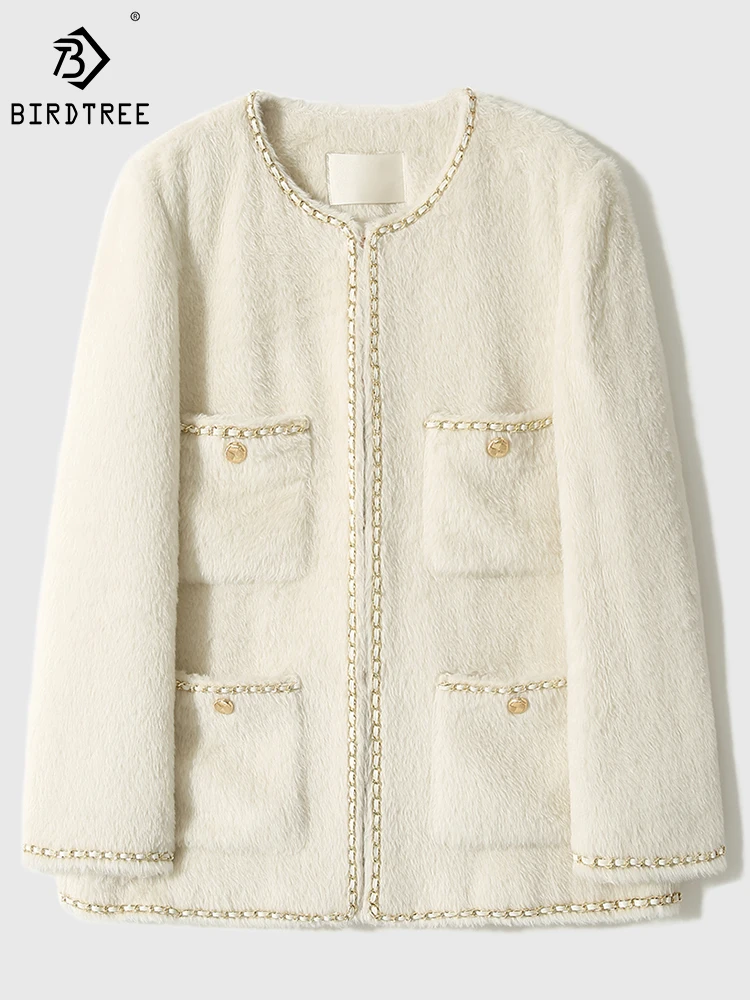 

Birdtree 59.5% Alpaca 35.7% Wool Coat Round Neck Solid French Metal Chain Temperament Commute Warm Tweed Coats Fall New C30786QD