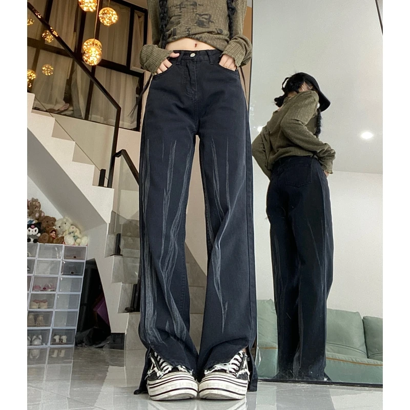 

Black Women Jeans Vintage High Waist American Fashion Y2K Streetwear Wide Leg Jean Female Trouser Tie-dyed Baggy Denim Pants