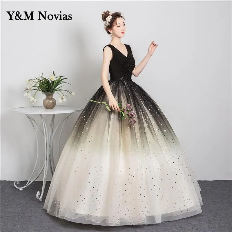 Quinceanera Dresses Black Matching V-Neck With Sleeve Formal Performance Sequins Ball Gown