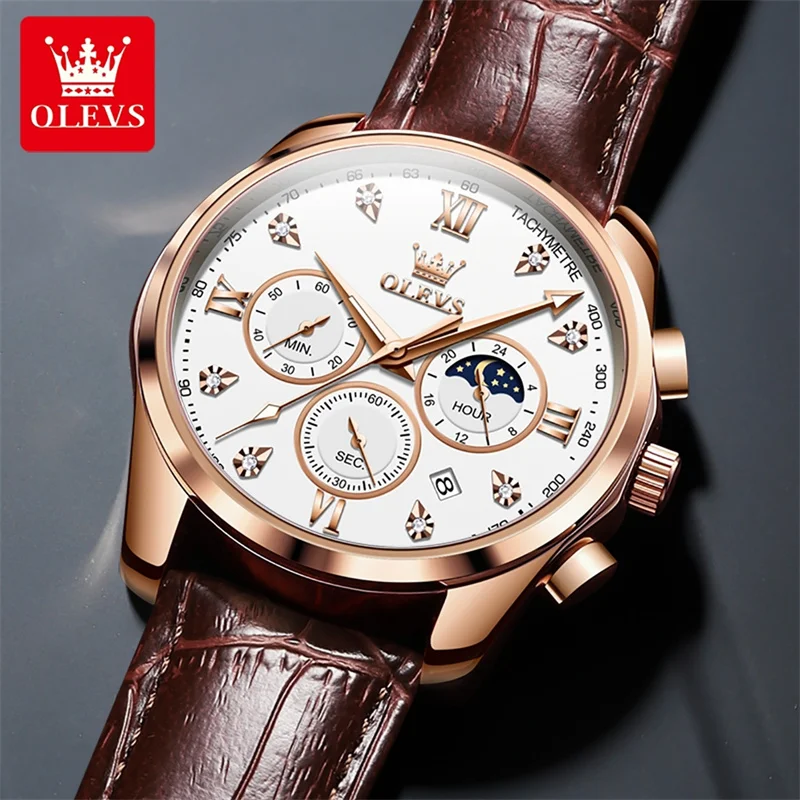 OLEVS Luxury Casual Sport Watch For Men Top Brand Leather Strap Date Moon Phase Waterproof Watches Male Clock Reloj Hombre