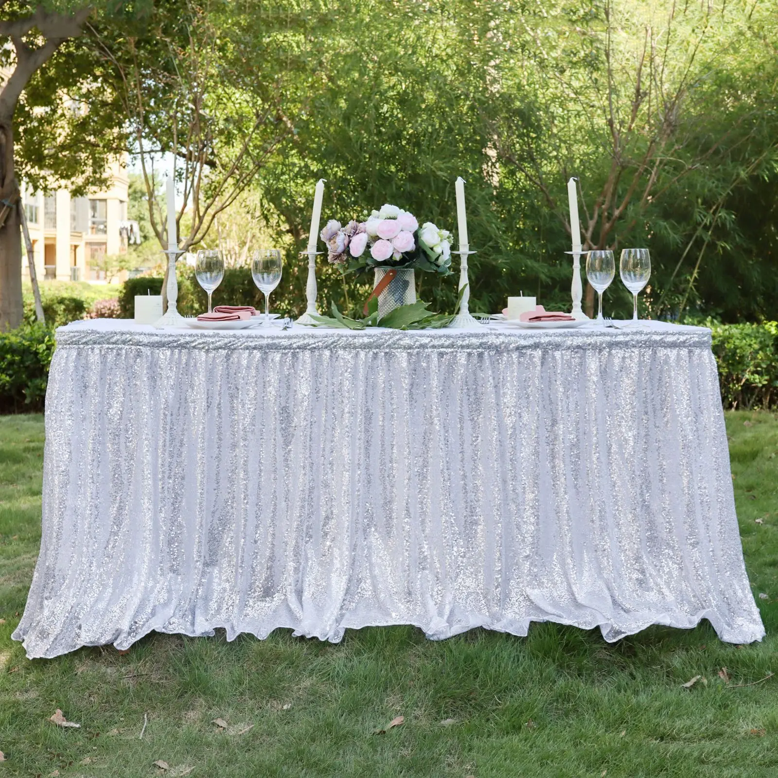 4/6/9/14ft Rose Gold Sequin Table Skirt for Round/Rectangle/Square Table for Birthday Party Wedding Christmas