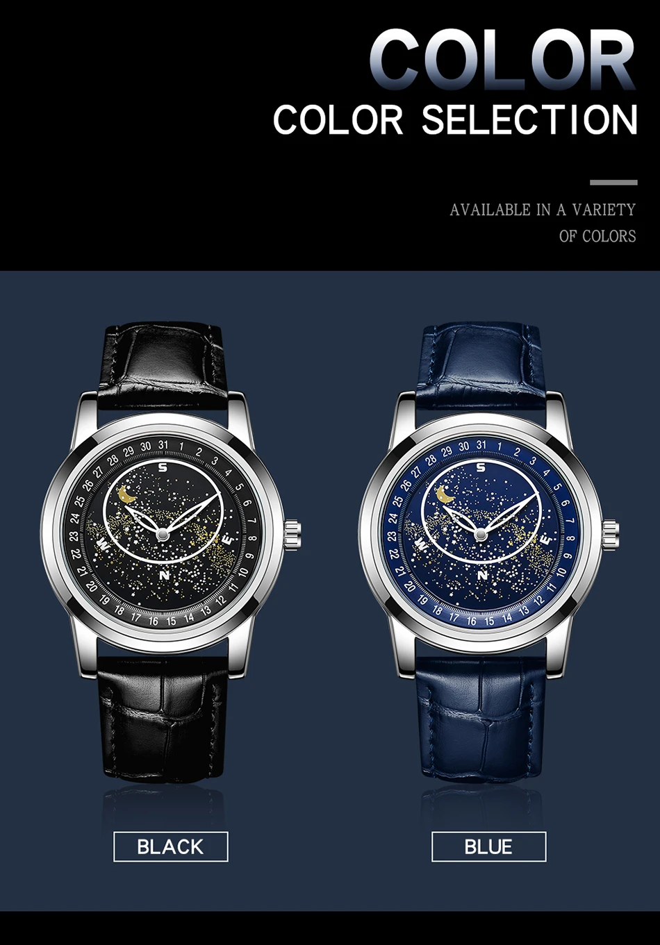 Sanda Men's Watches Quartz Men Watch Luxury Starry Sky Dial Fashion Luminous Waterproof Watches Genuine Leather Strap For Men 7002