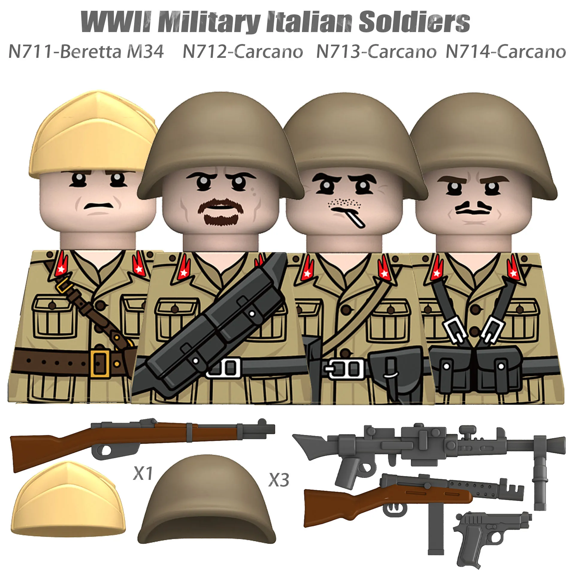 WW2 Military Camouflage Soldiers Building Set with Weapons and Helmets
