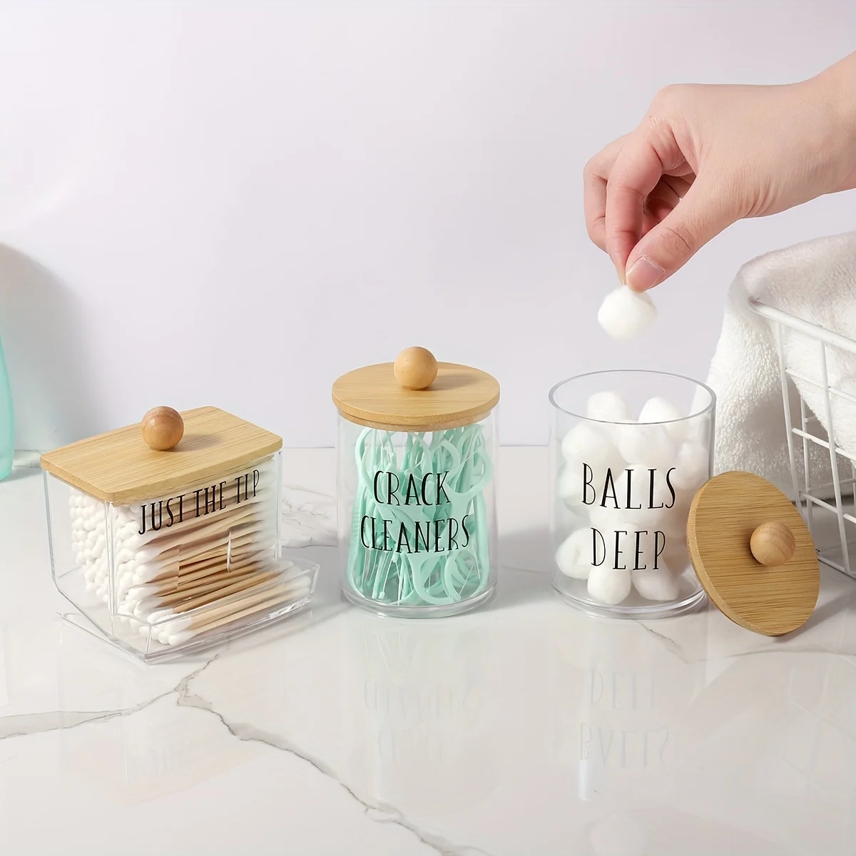 3pcs/set cotton swab Holder and Cotton Round Pad Dispenser with Bamboo Lid Clear Acrylic Containers for Cotton Swab/ball 2