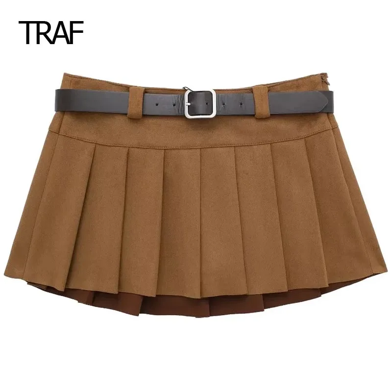 

Замшевая плиссированная юбка TRAF, женские юбки, зима-весна 2024, короткая мини-юбка со средней талией, юбки в Корейском стиле, Элегантная модная юбка