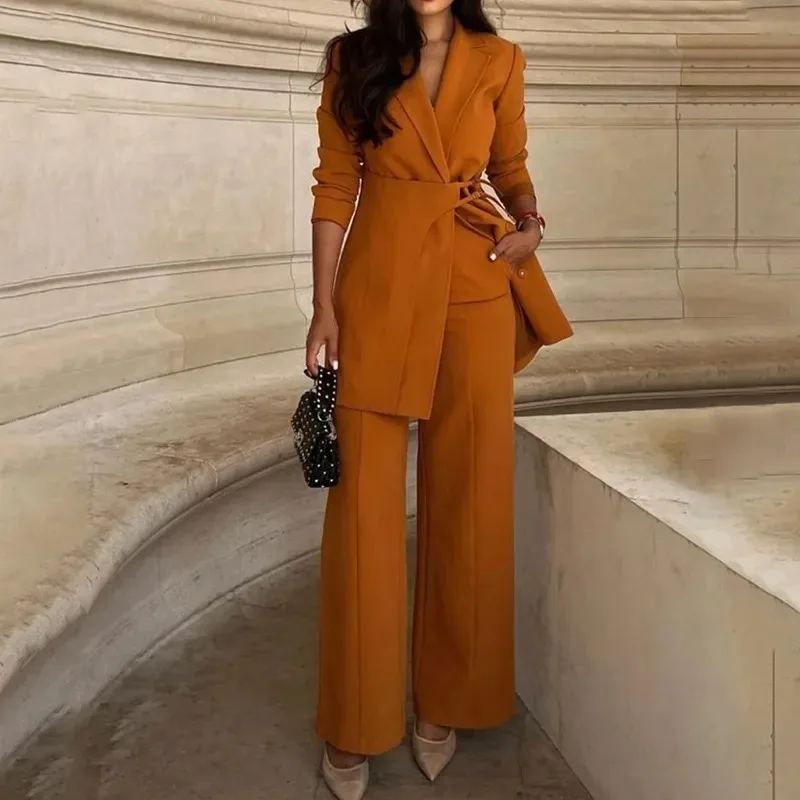 

Autumn Woman Solid Temperament Fashion Belt Suit Set Commuting Women's Elegant Blazer & High Waist Pants Sets Two Piece Outfits