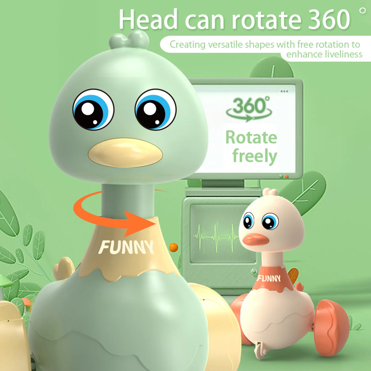 Pressing and rebounding toy, rocking duck baby puzzle toy, learning crawling sensory toy (Green Duck) 4