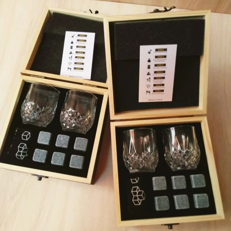 Whiskey Stones Glasses Set in Wooden Bottle Box